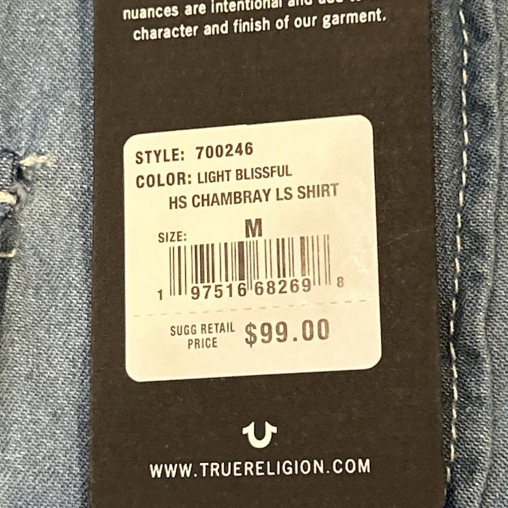 True Religion HS Chambray Long Sleeve Shirt Men M Blue Light Blissful Pearl Snap